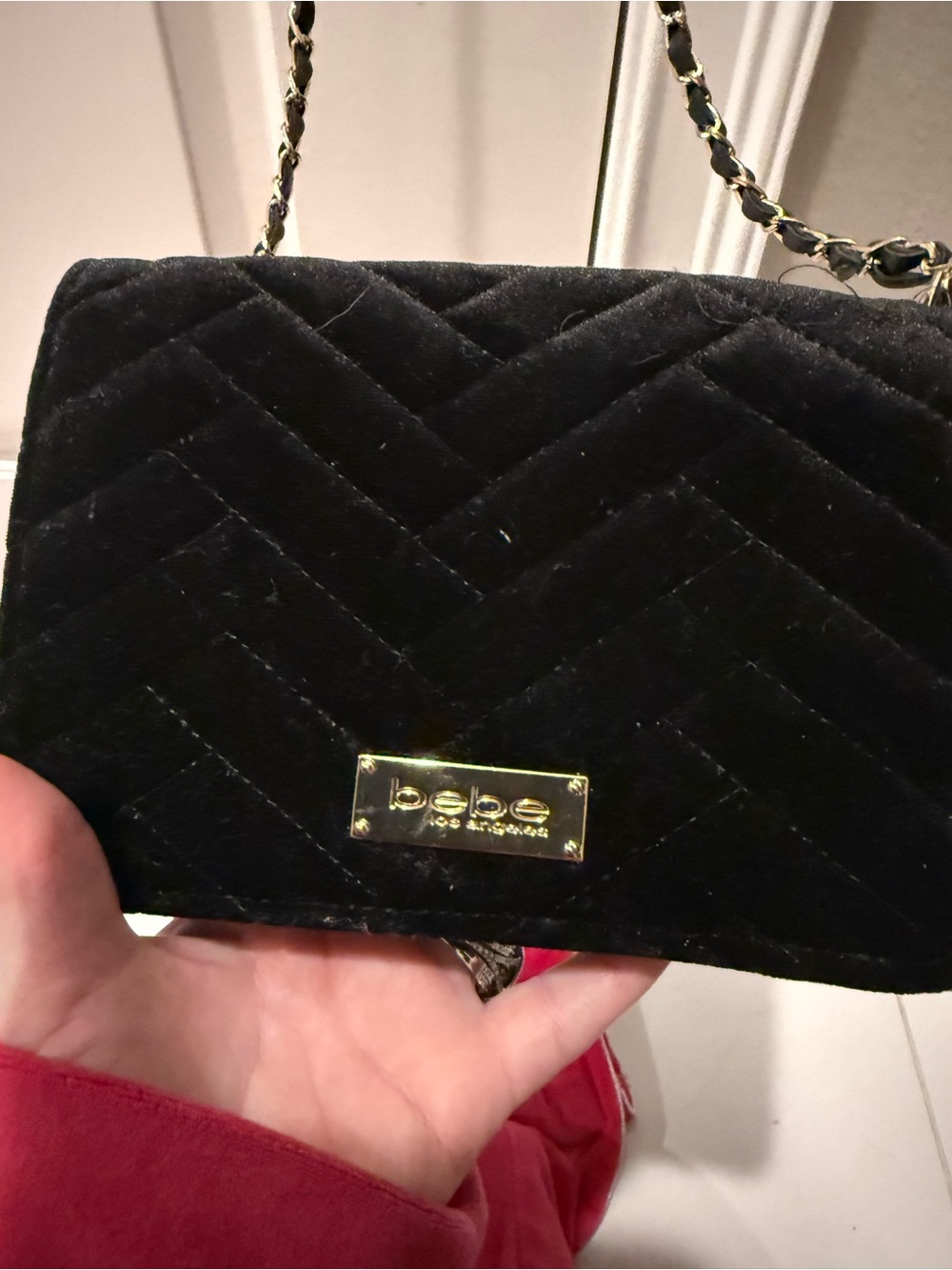 bebe Quilted Black Velvet Crossbody with Gold Chain